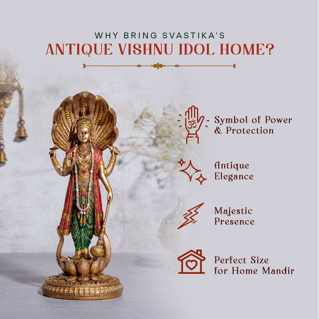 Lord Vishnu Standing Idol - Copper/Antique Finish - 12 Inch | Ideal for Pooja, Décor & Gifting