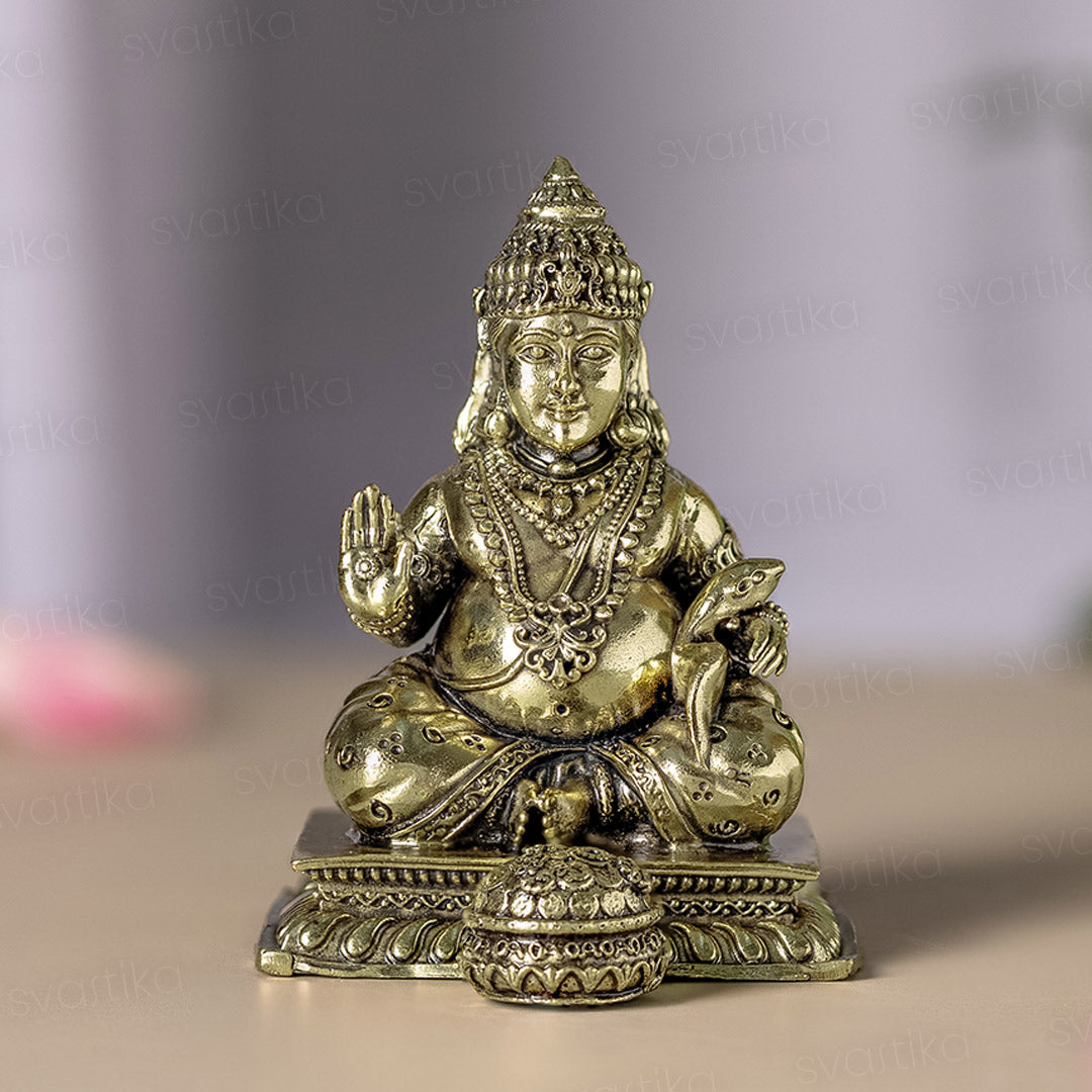 Brass Lord Kubera Statue with Mongoose | 4" Kuber Devta Idol for Vastu & Prosperity