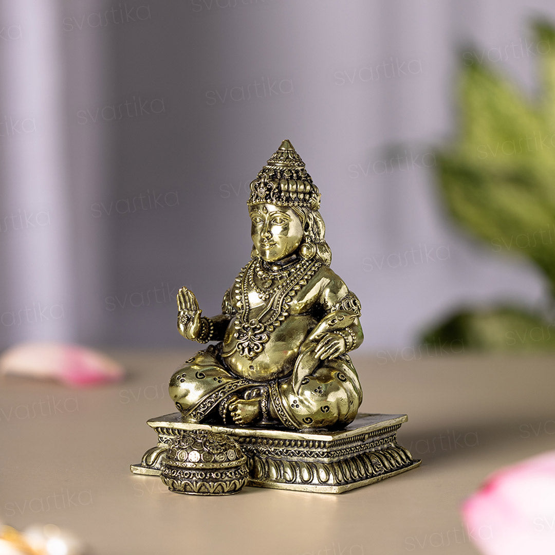 Brass Lord Kubera Statue with Mongoose | 4" Kuber Devta Idol for Vastu & Prosperity