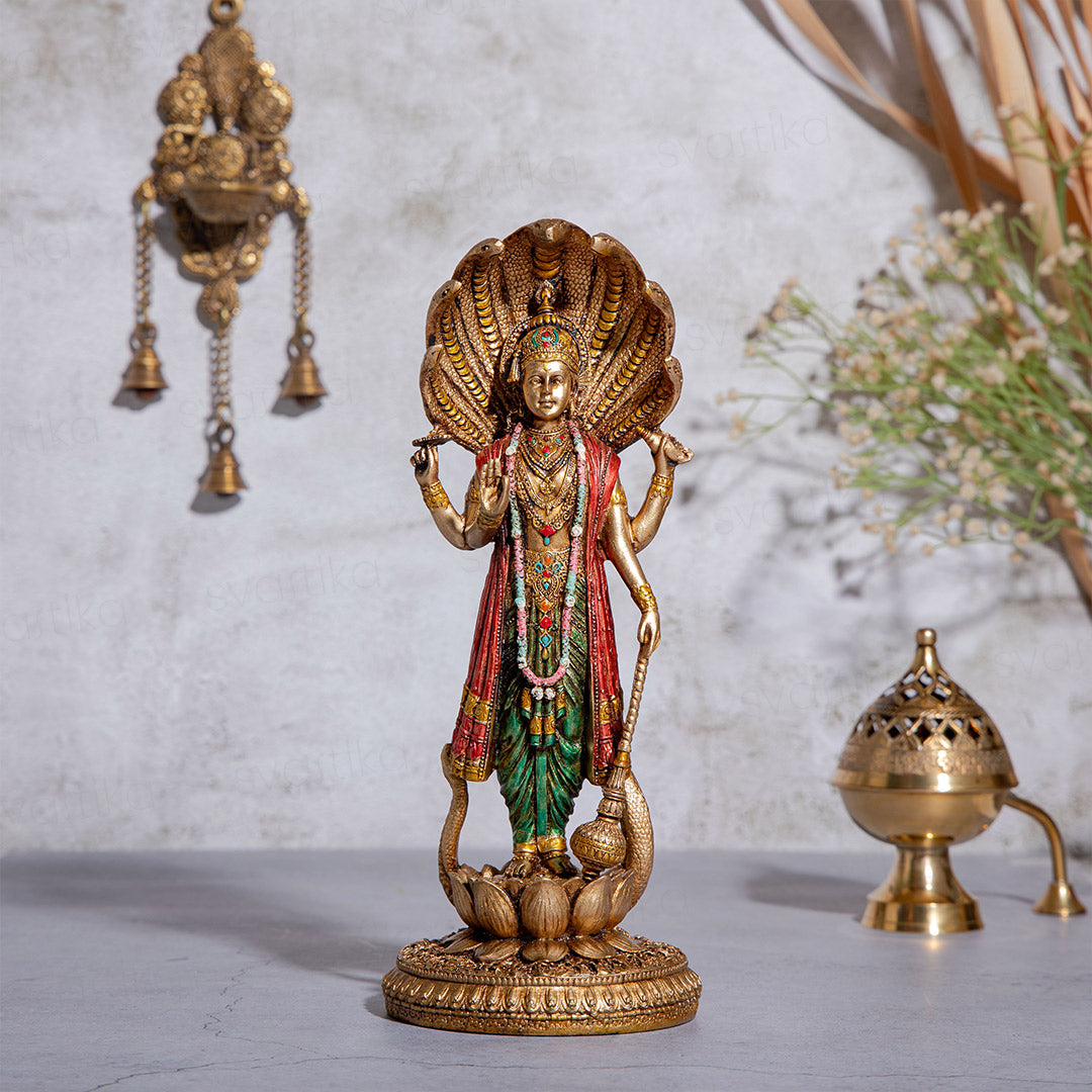 Lord Vishnu Standing Idol - Copper/Antique Finish - 12 Inch | Ideal for Pooja, Décor & Gifting