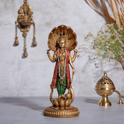 Lord Vishnu Standing Idol - Copper/Antique Finish - 12 Inch | Ideal for Pooja, Décor & Gifting