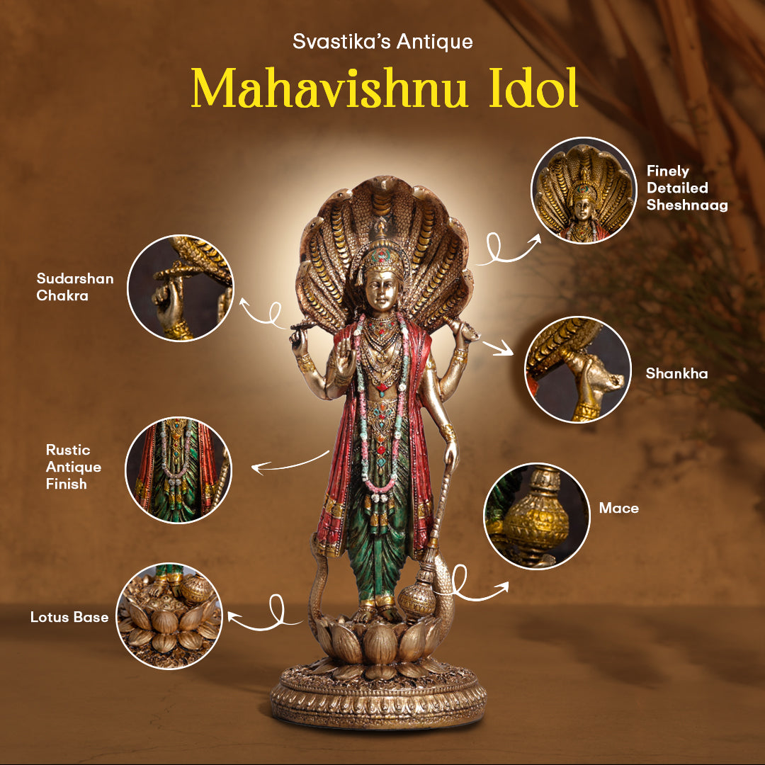 Lord Vishnu Standing Idol - Copper/Antique Finish - 12 Inch | Ideal for Pooja, Décor & Gifting