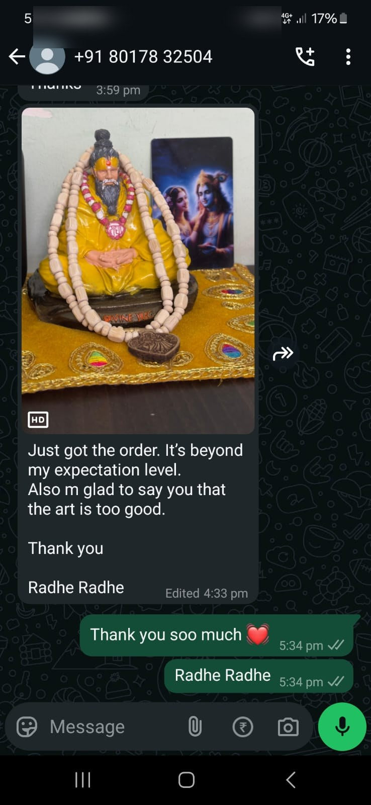 Customer message about their DivineYug order