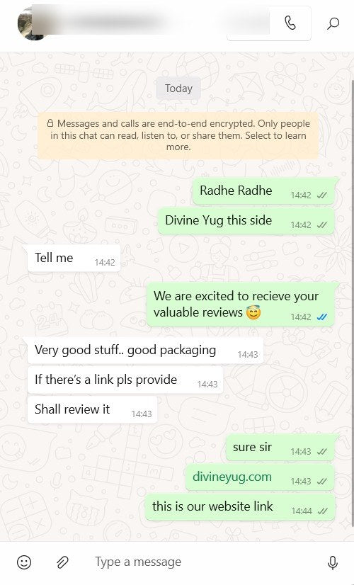 Customer message about their DivineYug order