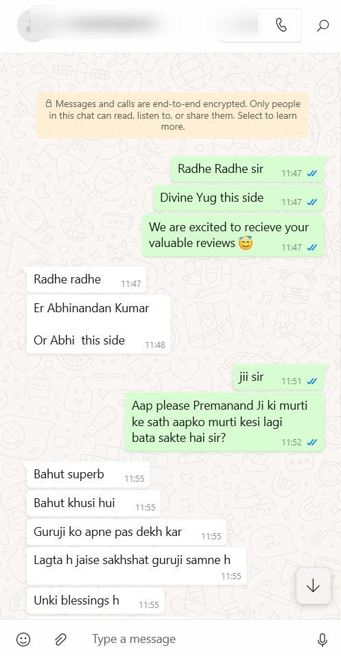 Customer message about their DivineYug order