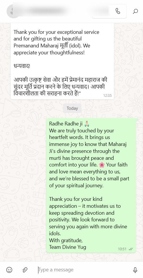 Customer message about their DivineYug order