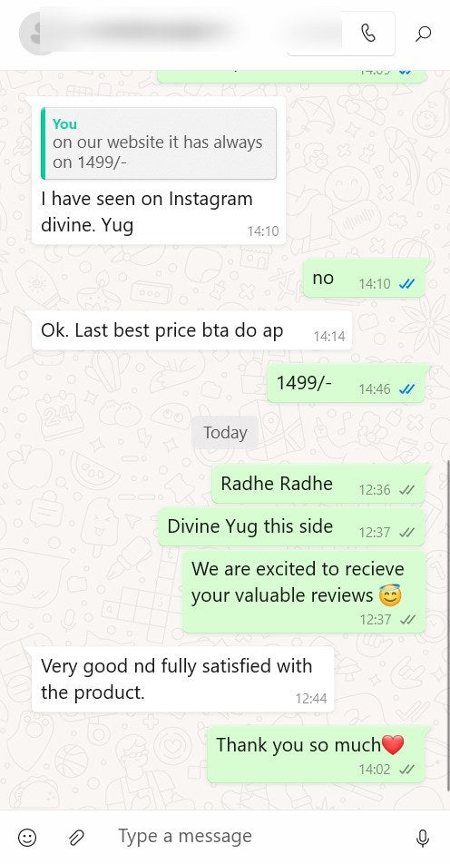 Customer message about their DivineYug order