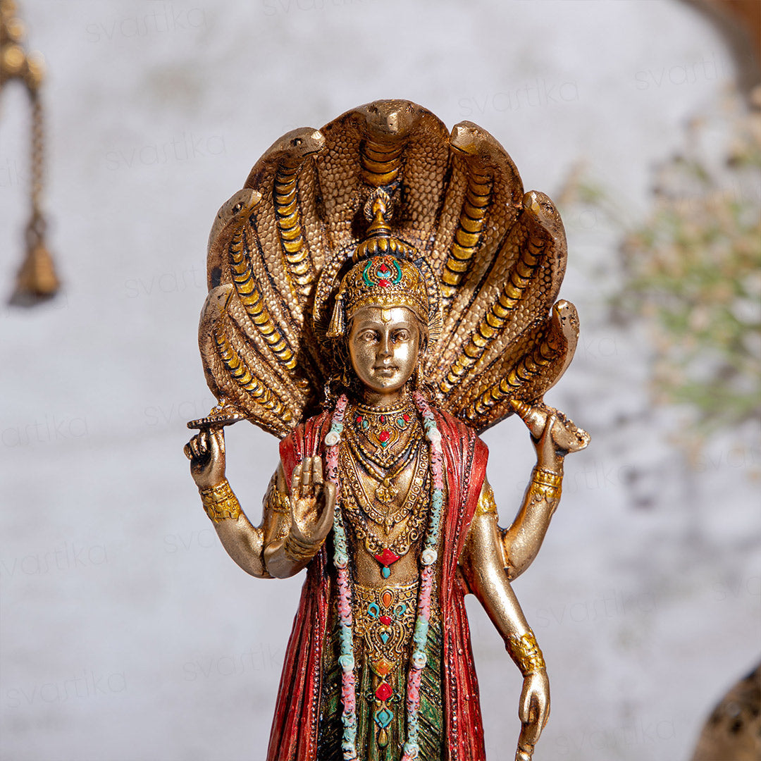 Lord Vishnu Standing Idol - Copper/Antique Finish - 12 Inch | Ideal for Pooja, Décor & Gifting